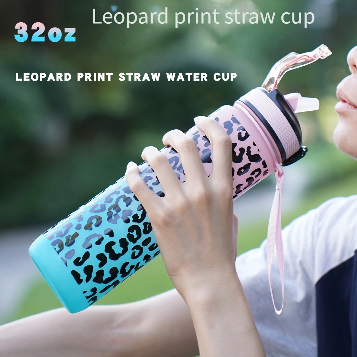 32oz Leopard Print Water Bottle with Straw PVC-Free for Running Cycling Fitness
