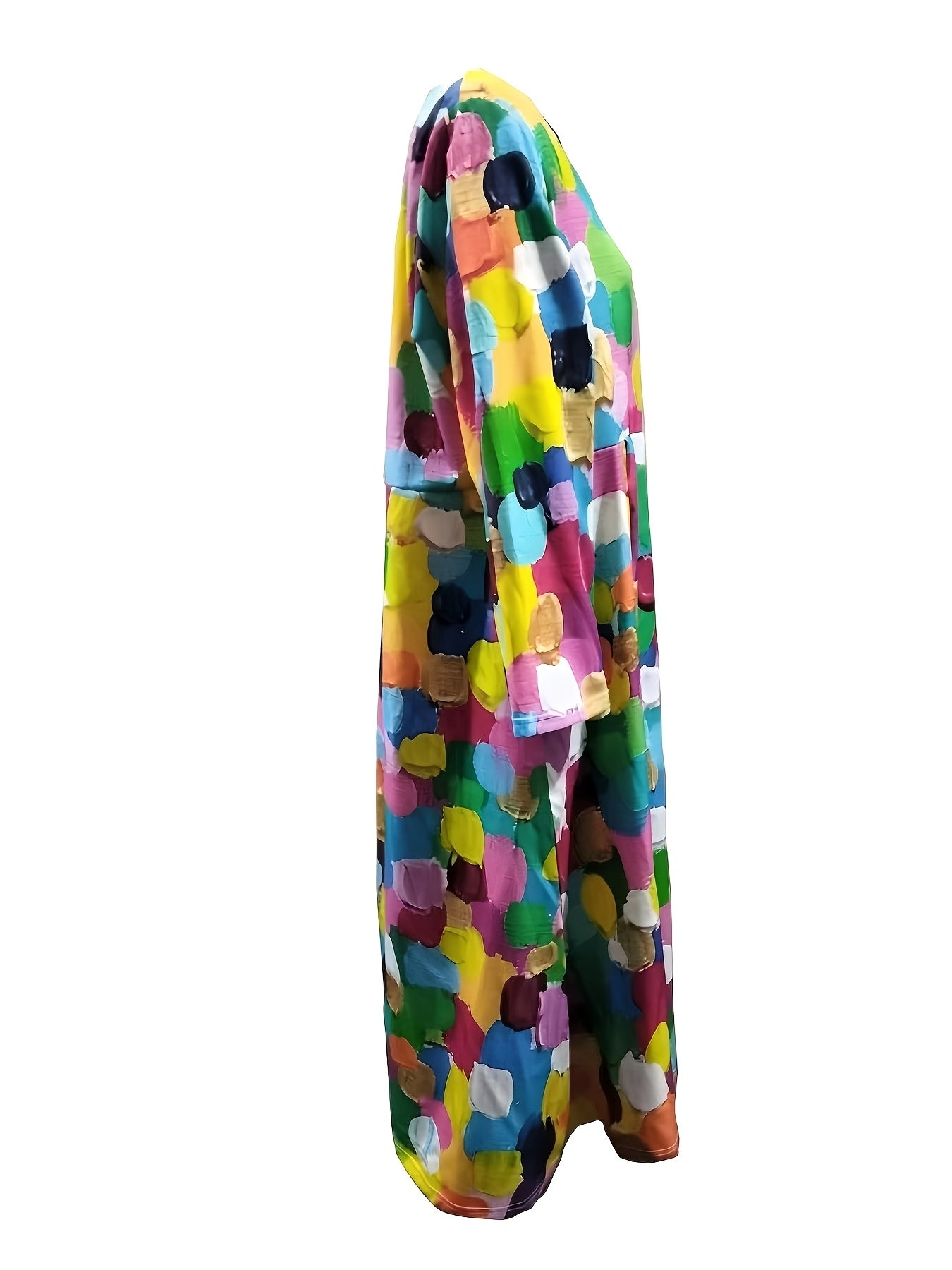Women's Patchwork Print V-Neck Kaftan Dress with Pockets Long Sleeve Maxi for Casual and Party