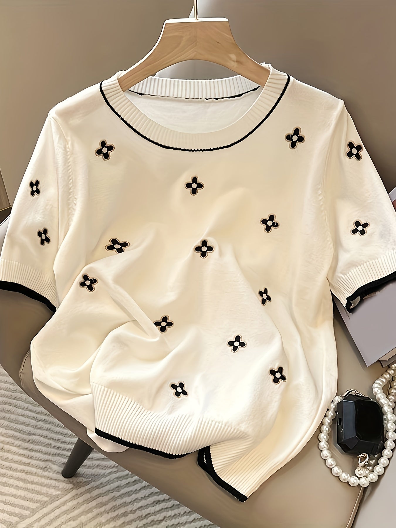 Женский свитер с цветочной вышивкой и круглым вырезом, весна-лето, повседневный, вязаный материал