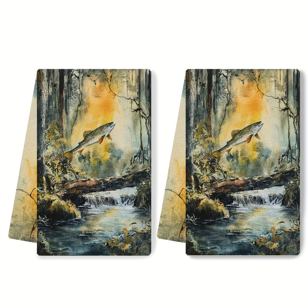 2 ta Ultra Soft oshxona sochiqlari to'plami 40x60cm, suv o'tkazmaydigan, o'rmon daryosi dizayni