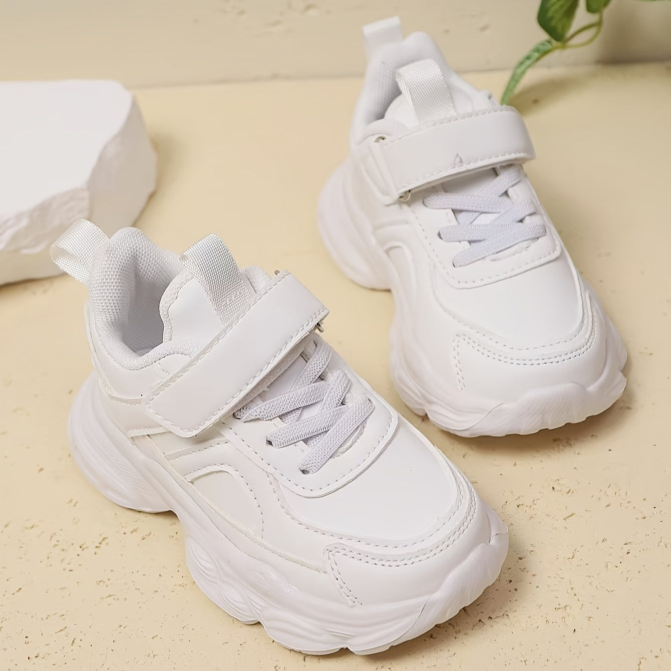 Unisex White Running Sneakers for Kids with Hook-and-Loop Closure EVA Sole Casual Outdoor Shoes