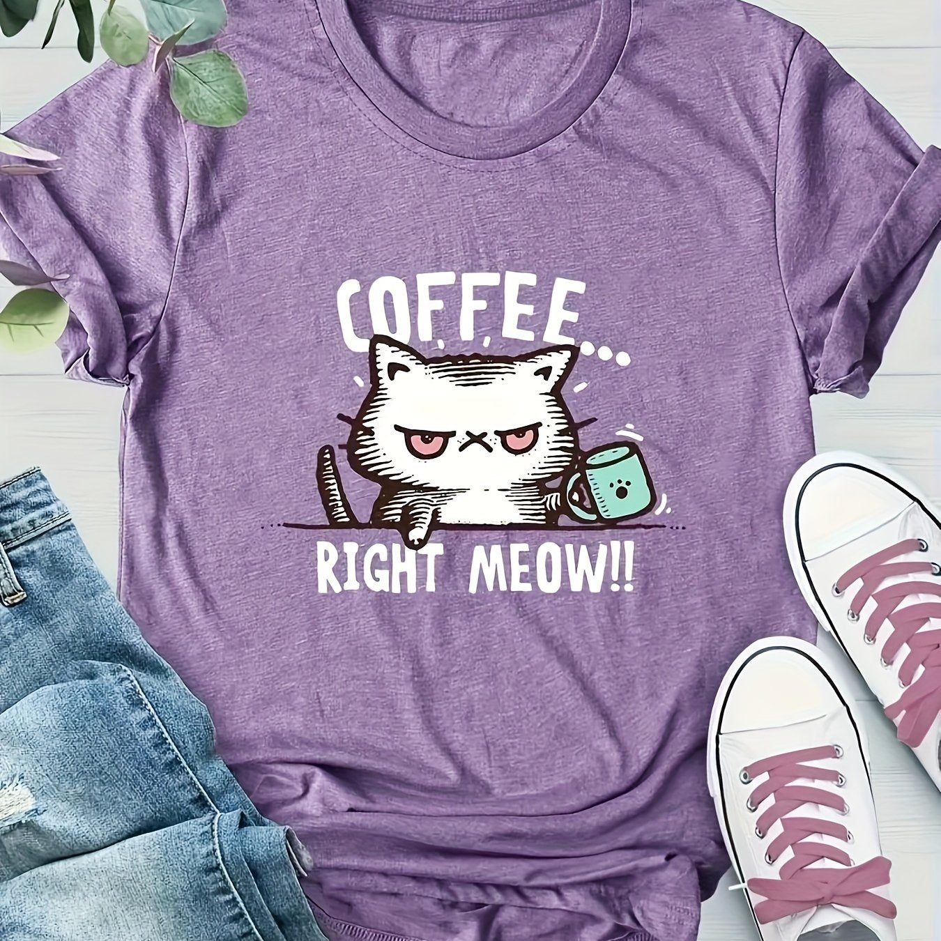 Women’s Summer Casual Knit Short Sleeve T-Shirt with Coffee Cat Graphic