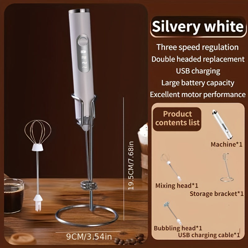 Electric Milk Frother Handheld 2-in-1 Rechargeable Foam Maker with Beating Egg Head