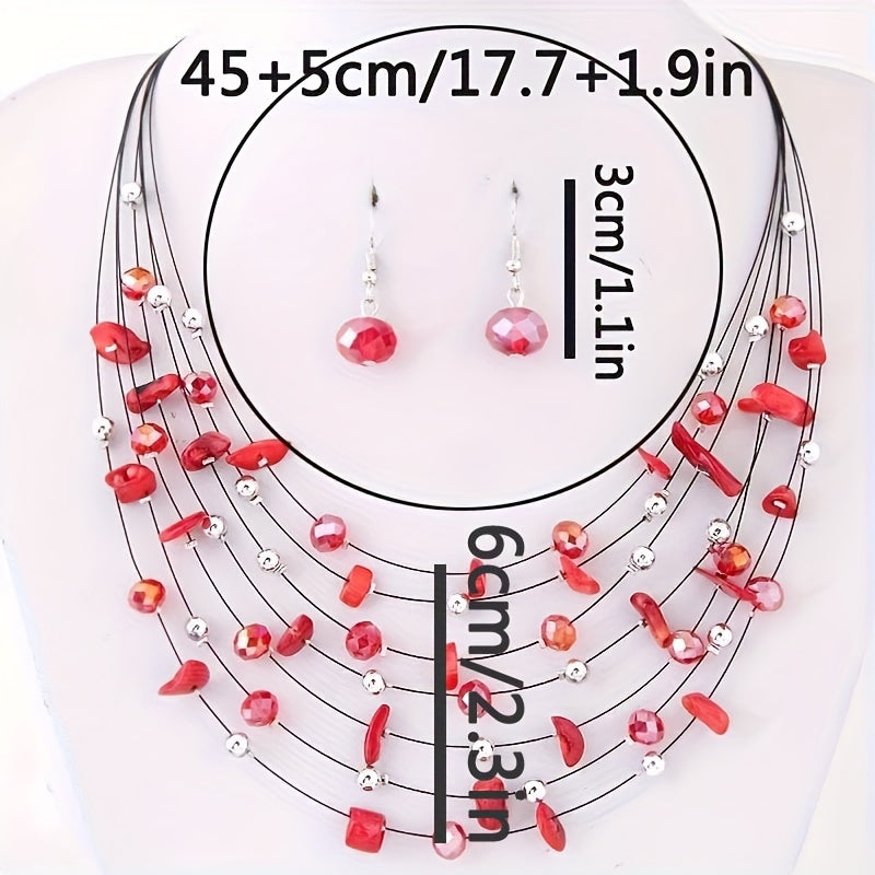 Conjunto de joyería de cristal boho-chic para mujer: collar y pendientes con capas brillantes