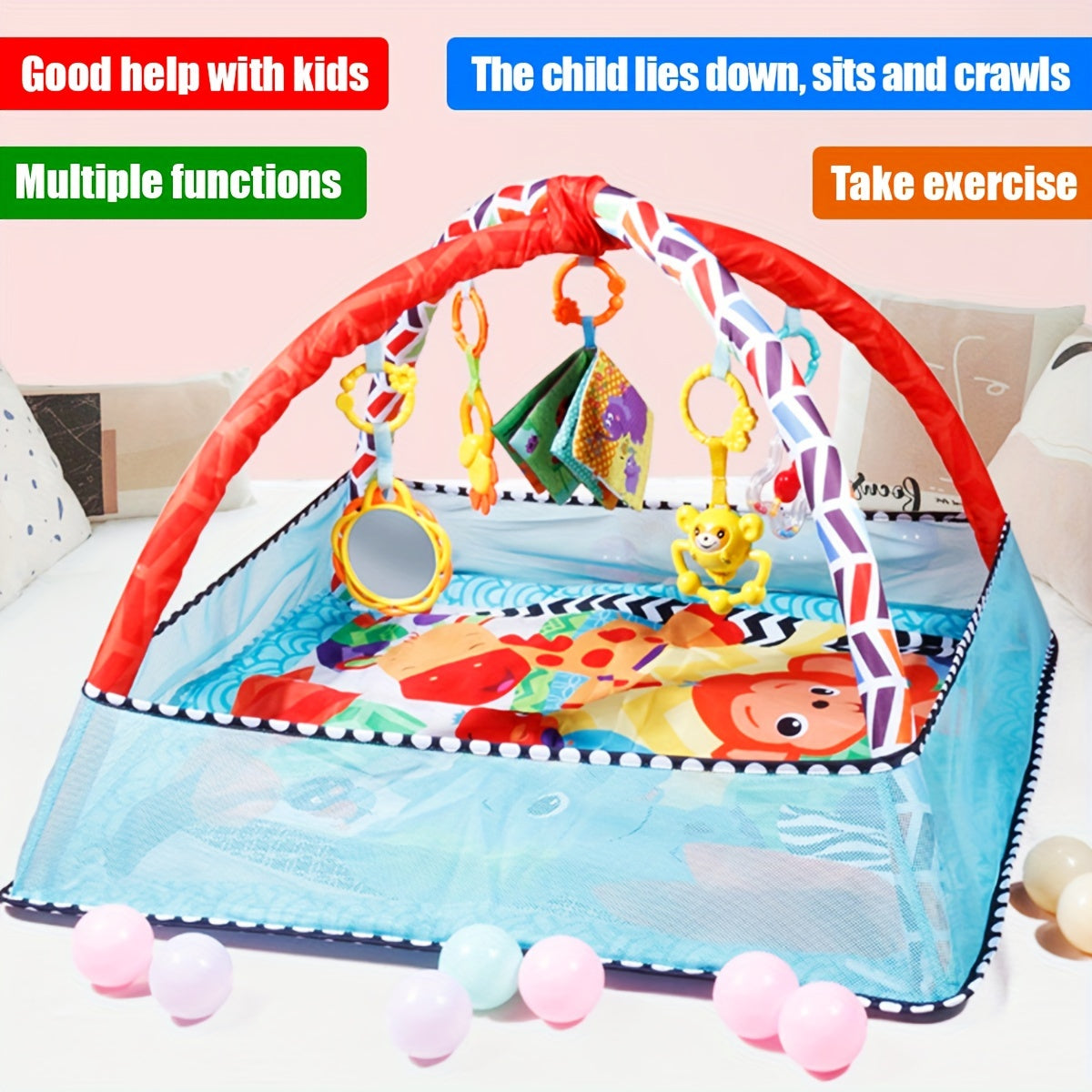 Baby Playpen Gym for Infants with Hanging Toys and Activity Mat, Tummy Time Crawling Exercise
