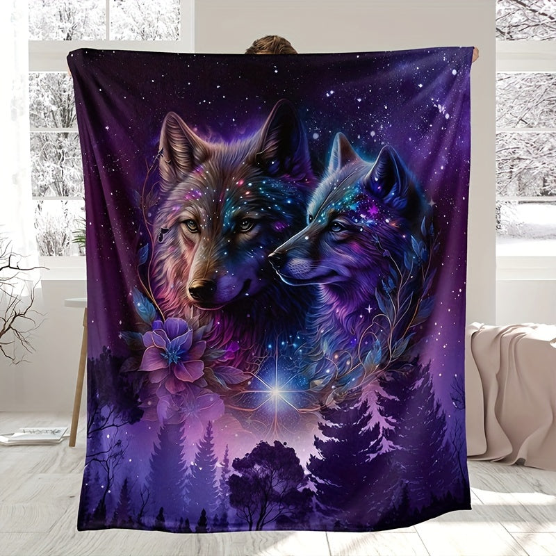 Starry Sky Wolf Print Flannel Blanket Soft Warm Throw for Couch Bed Camping Travel
