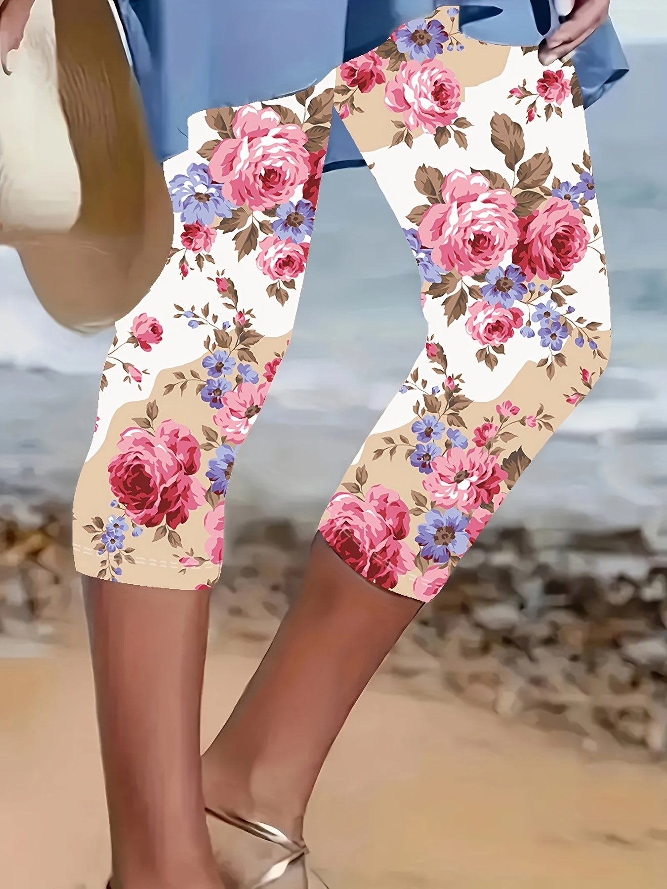 Women's Plus Size Floral Print Capri Leggings Stretch Waist Pink Blue Rose