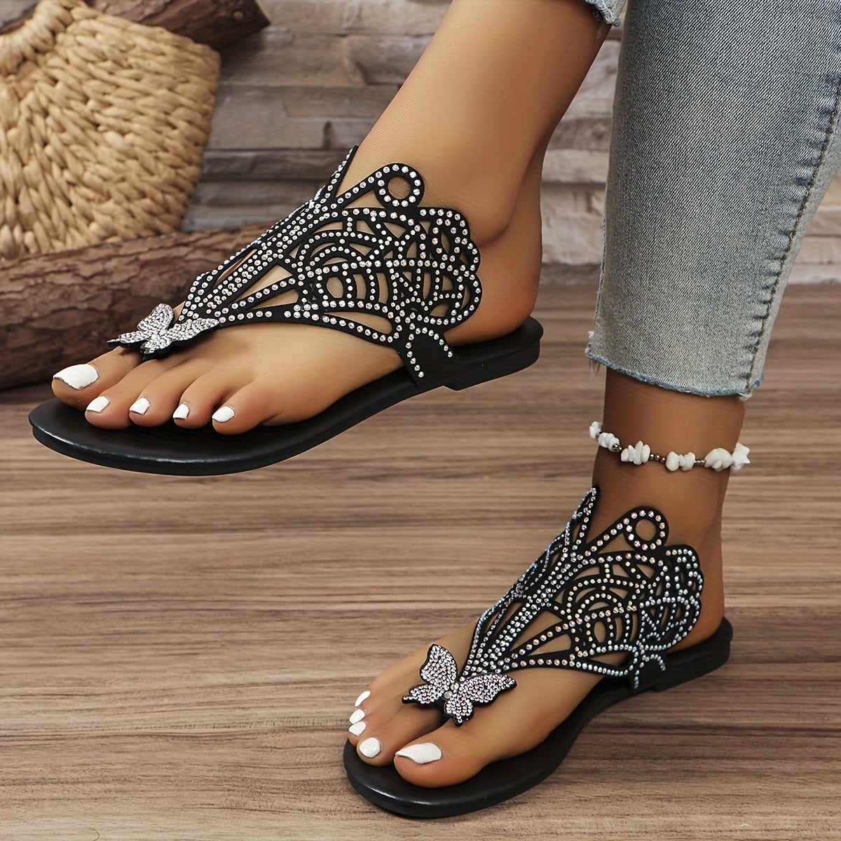 Women's Rhinestone Butterfly Flat Sandals Black Faux Cover Summer Slides