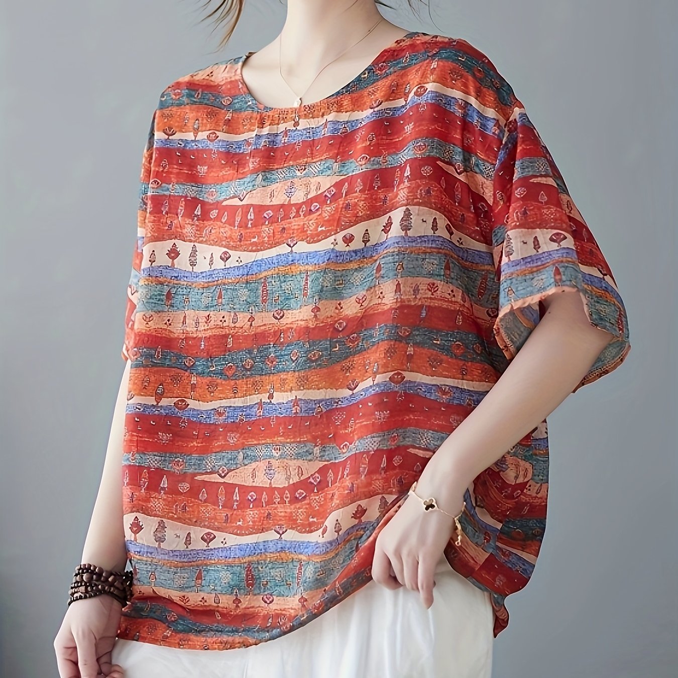 Women's Plus Size Short Sleeve T-Shirt Lightweight Polyester Vibrant Tribal Print