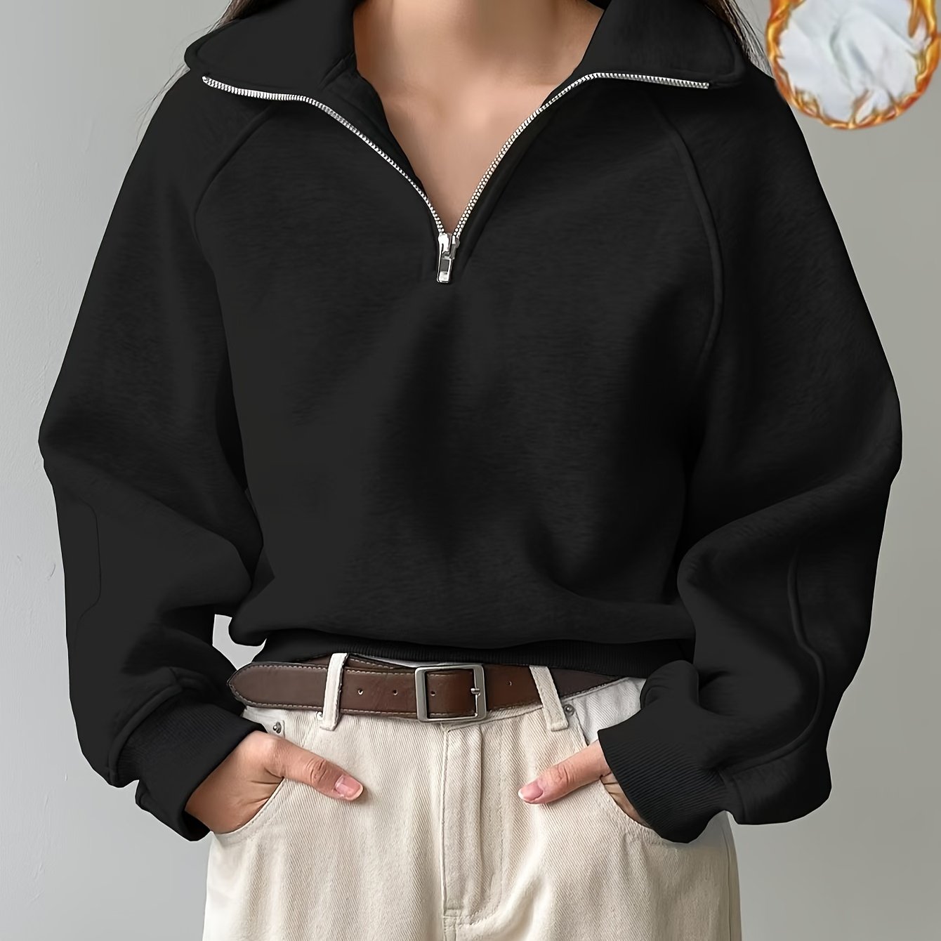Women's Fleece-Lined Sweatshirt with Half-Zip Collar Raglan Sleeves Fall Winter