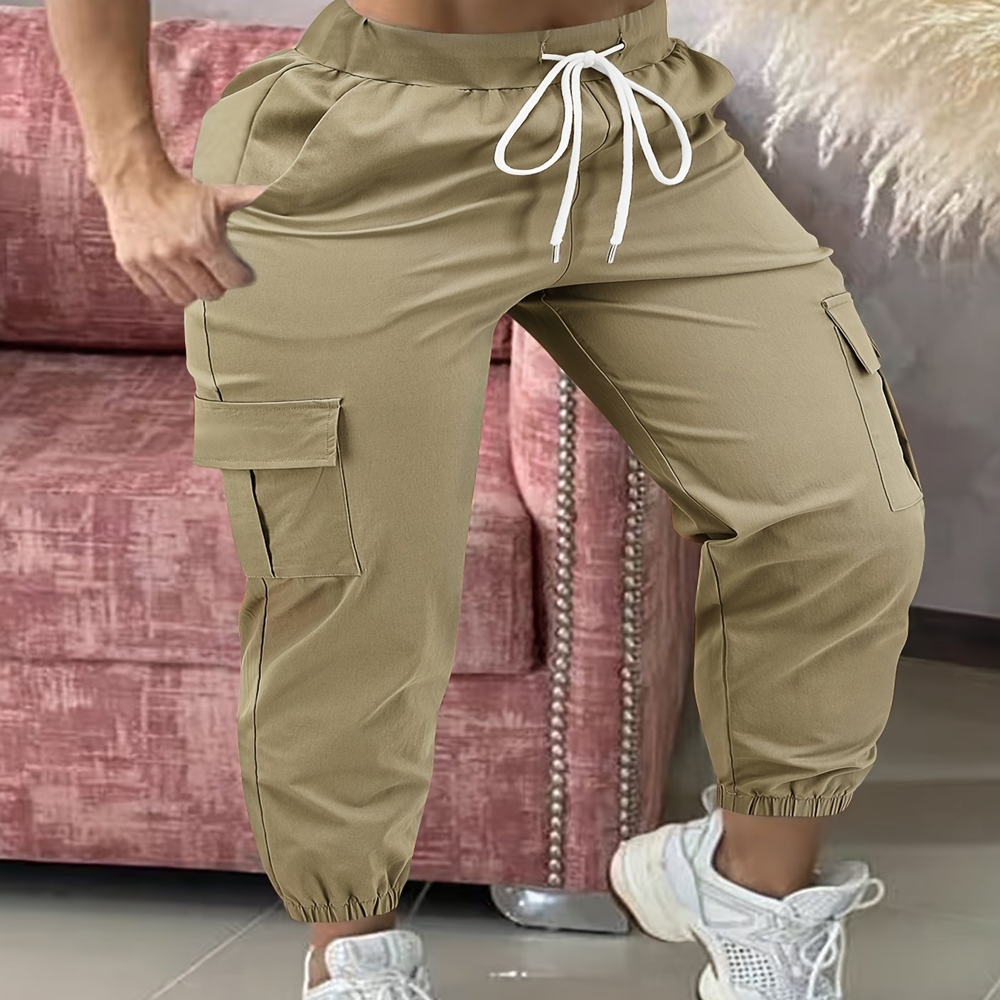 Pantalones cargo de talla grande para mujer en color verde oliva, casuales, con cinturilla ajustable, para todas las estaciones