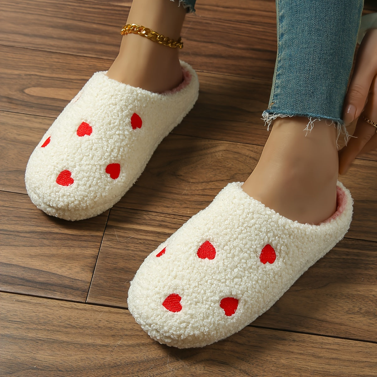 Pantuflas de tela bordada con corazón para mujer, uso en interiores, para todas las estaciones