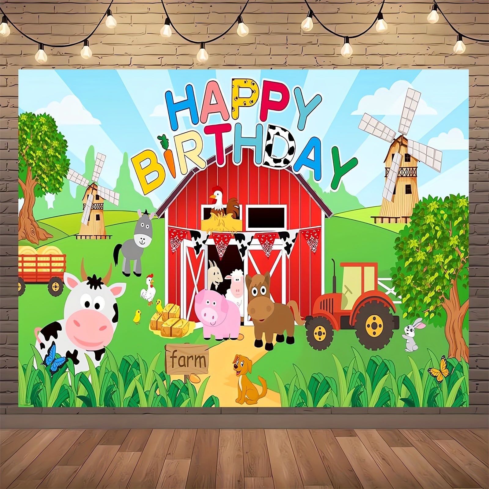 Large Farm Animal Birthday Party Backdrop Polyester Photo Background for Kids Celebrations 129x150cm