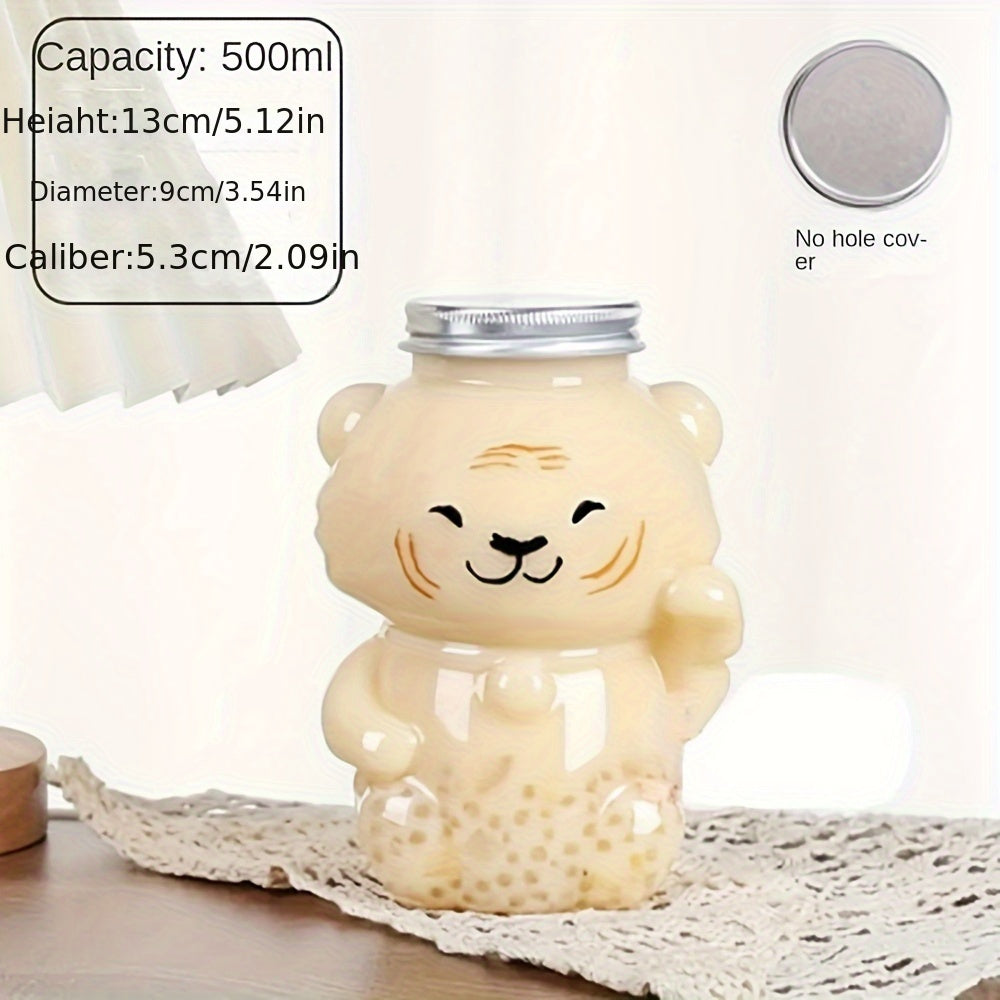 500ml Milk Tea Juice Bottles with Bear and Tiger Designs, Disposable PET Water Bottles with Lids, Pack of 1 or 4