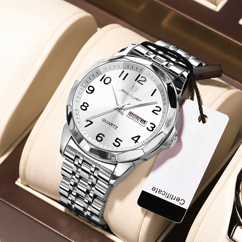 Men's Quartz Watch Dual Calendar Stainless Steel Strap Business Style