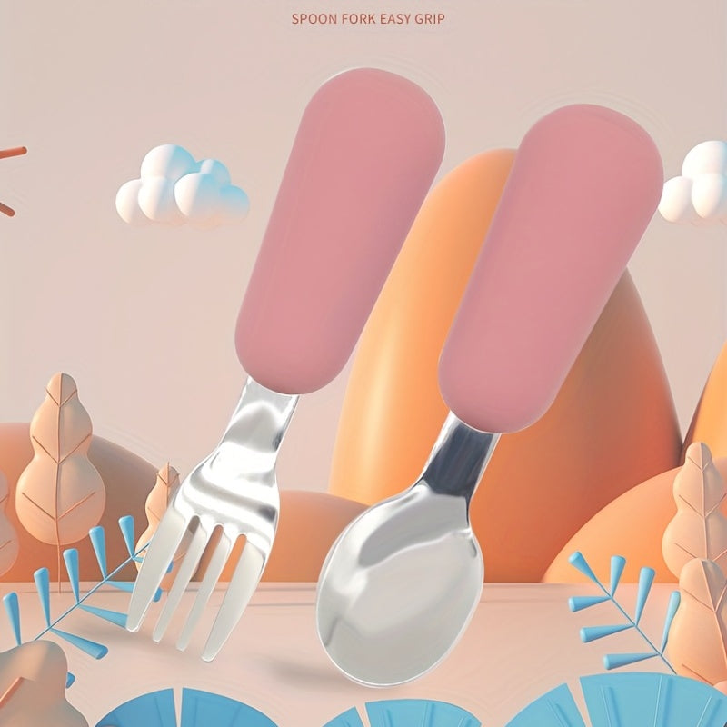 Juego de cubiertos para niños en acero inoxidable para bebés, tenedor y cuchara con mangos redondos