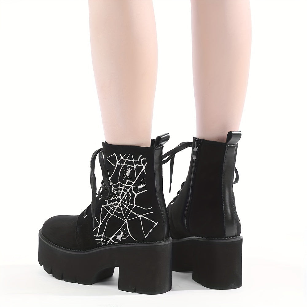 Women's Punk Style Spiderweb Embroidered Ankle Boots with Chunky Heel