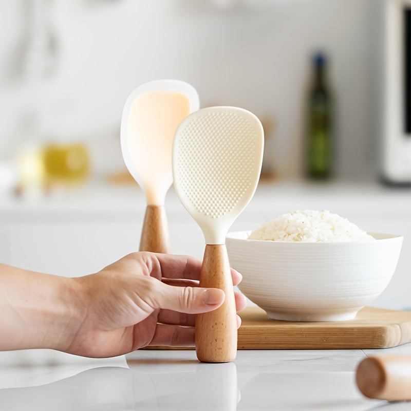 Heat Resistant Silicone Cooking Spoon with Wooden Handle for Non-Slip Kitchen Use