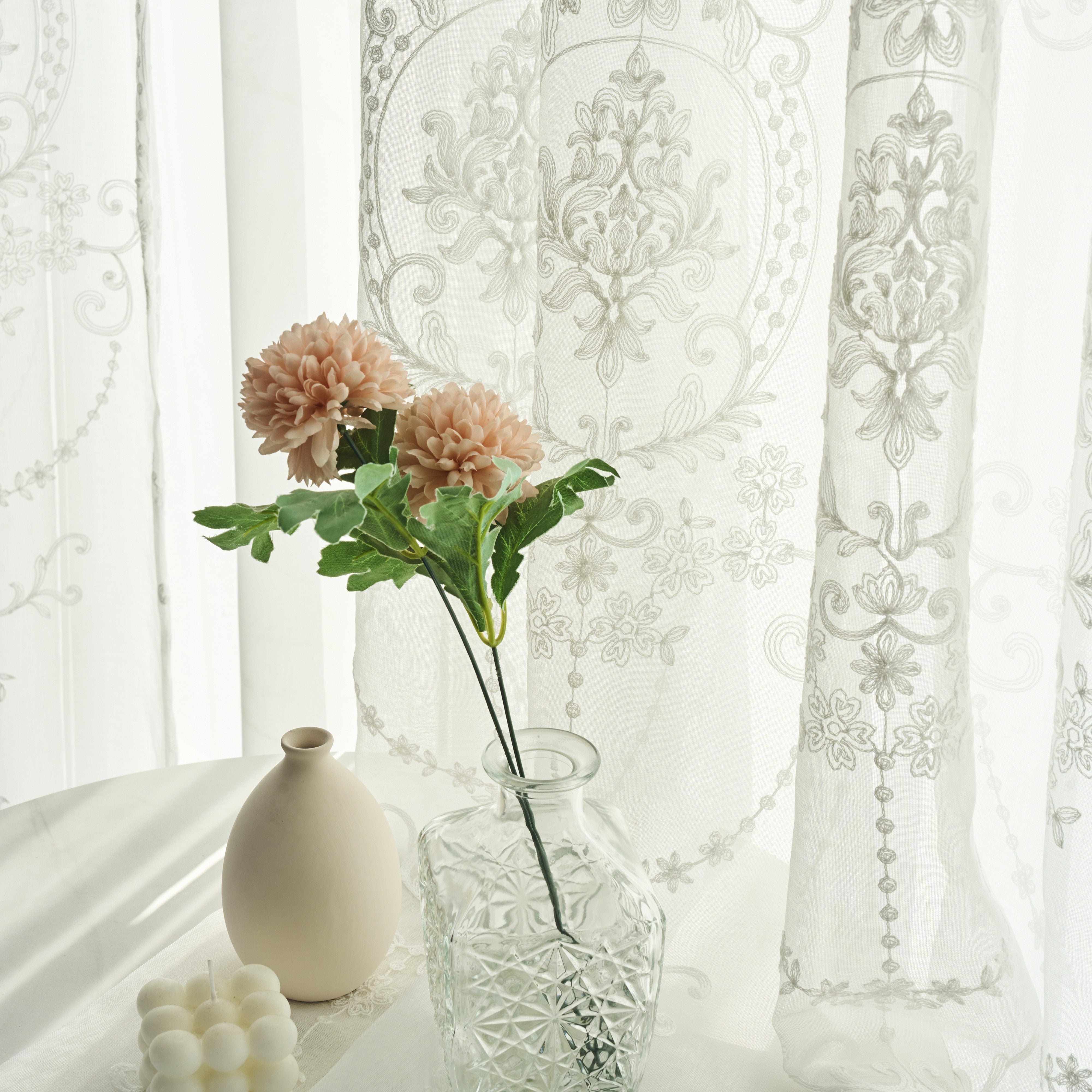 European Embroidered Sheer Curtains 2-Piece Set Floral Design Rod Pocket Window Treatments
