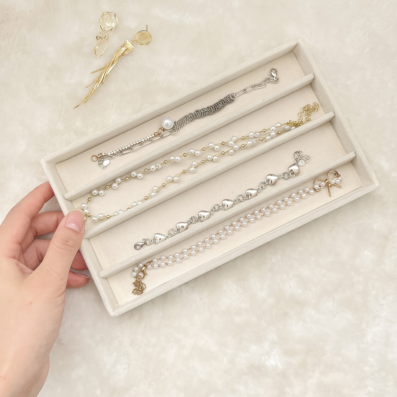 Jewelry Organizer Drawer Tray Beige Grey Earring and Ring Storage with Hooks