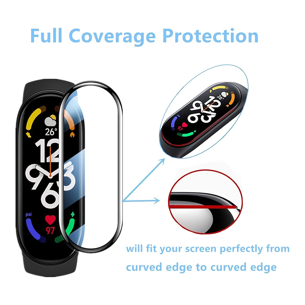 3-комплект защитных стекол с изогнутым краем HD для Xiaomi Mi Band 9/8/7/6 водонепроницаемый PET