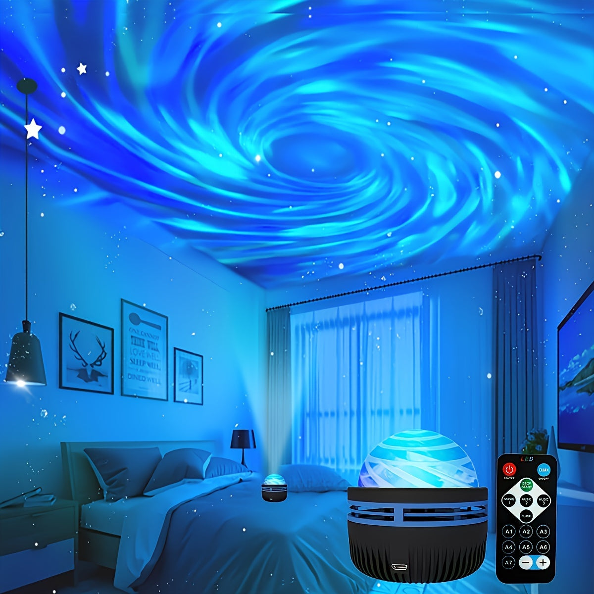 Remote-Controlled RGB LED Star Projector Night Light for Bedroom Decoration with Remote and Cable