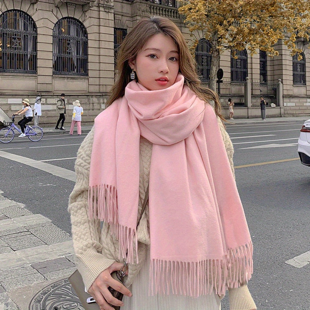 Women Black Tassel Shawl Scarf Thick Plush Wool Feel Double-Sided Cashmere Autumn Winter