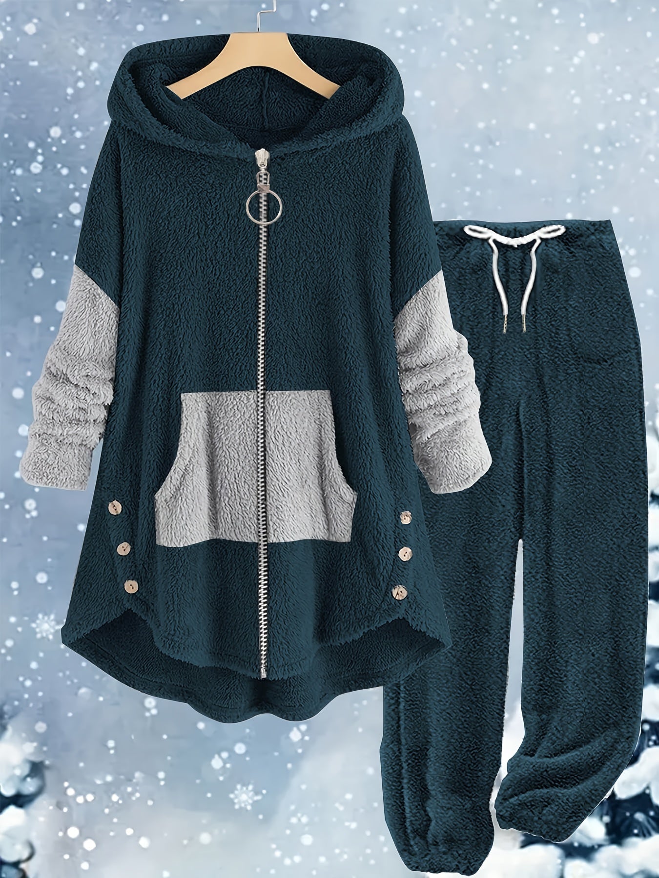 Ayollar uchun ikki qismli to'plam: Katta o'lchamdagi rangli blokli mo'ynali palto va mos keladigan sport shimlari