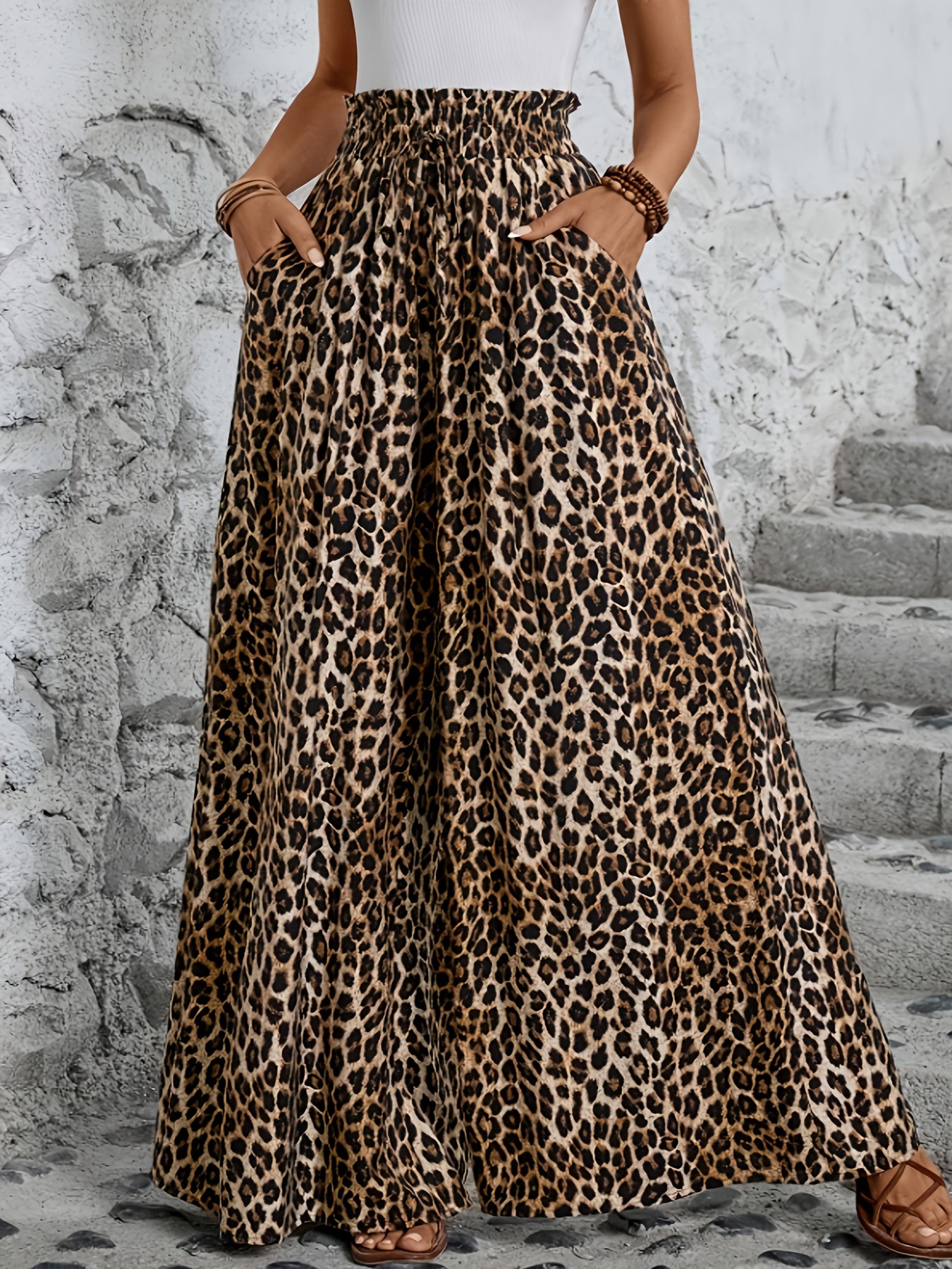 Plus Size Leopard Print Wide-Leg Pantskirt with Pockets and Elastic Waist
