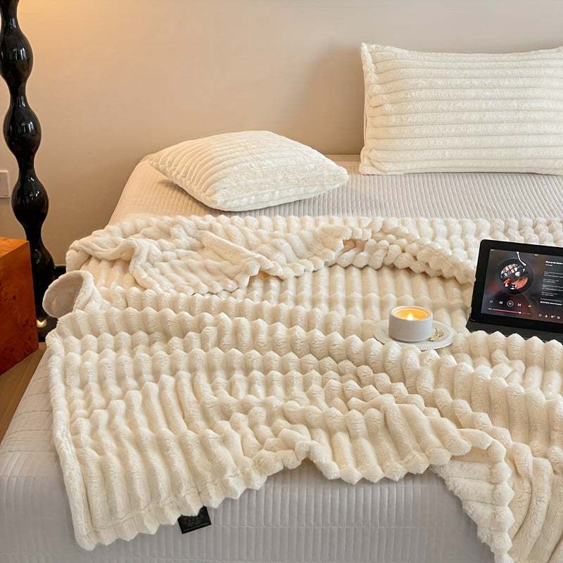 Ultra-Soft Faux Rabbit Fur Throw Blanket with Stripes, Machine Washable, Non-Shedding