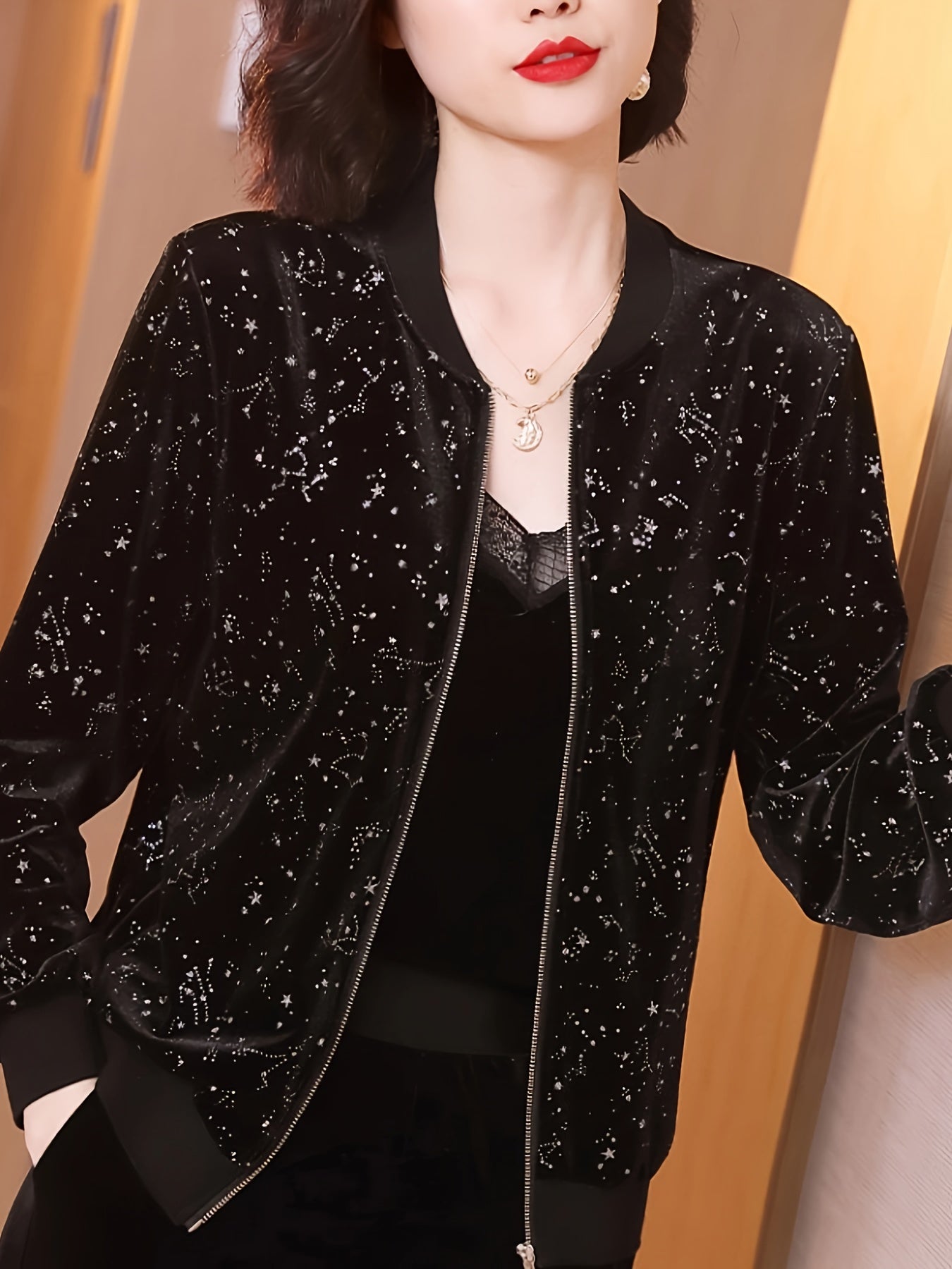 Women's Chiffon Bomber Jacket with Starry Night Print Long Sleeve Zip-Up All-Season