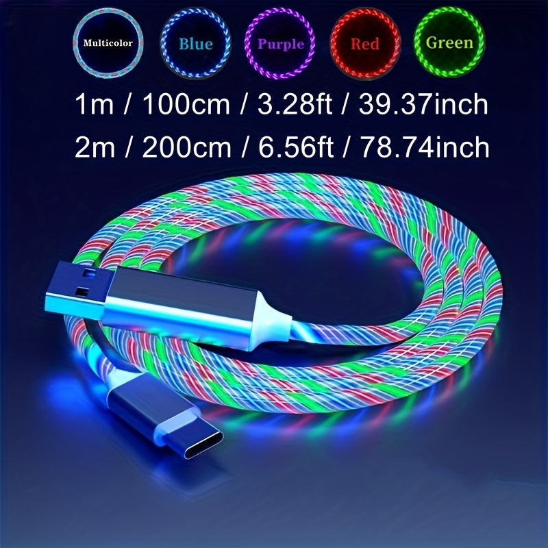Samsung, Xiaomi, Vivo, OPPO, Redmi va boshqa smartfonlar uchun porlaydigan LED USB Type C kabeli. 100.0 sm yoki 200.0 sm uzunlikda mavjud.