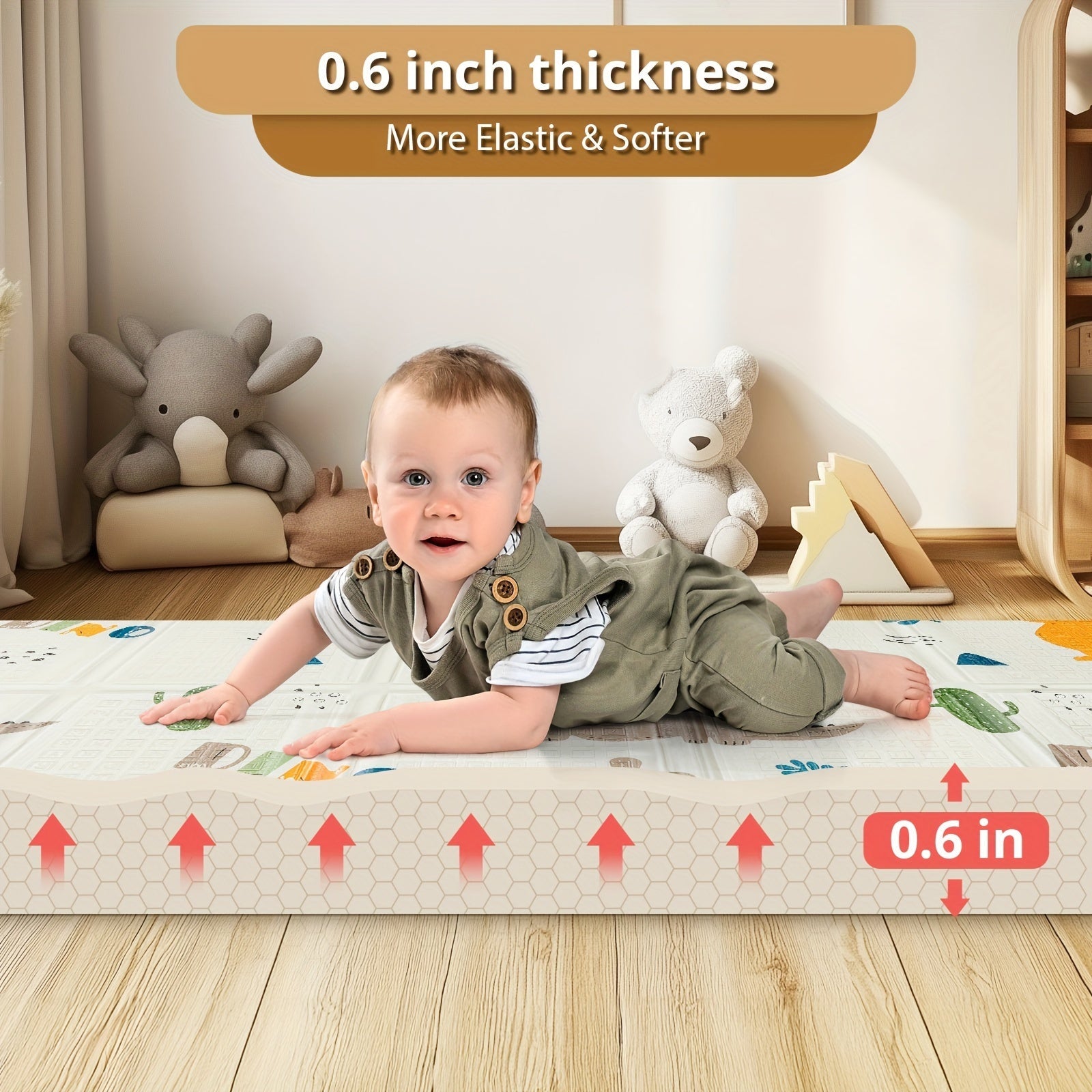 Reversible Play Mat with Dinosaur and Alphabet Patterns 127x127 cm Waterproof Non-Slip Foldable Indoor Floor Mat