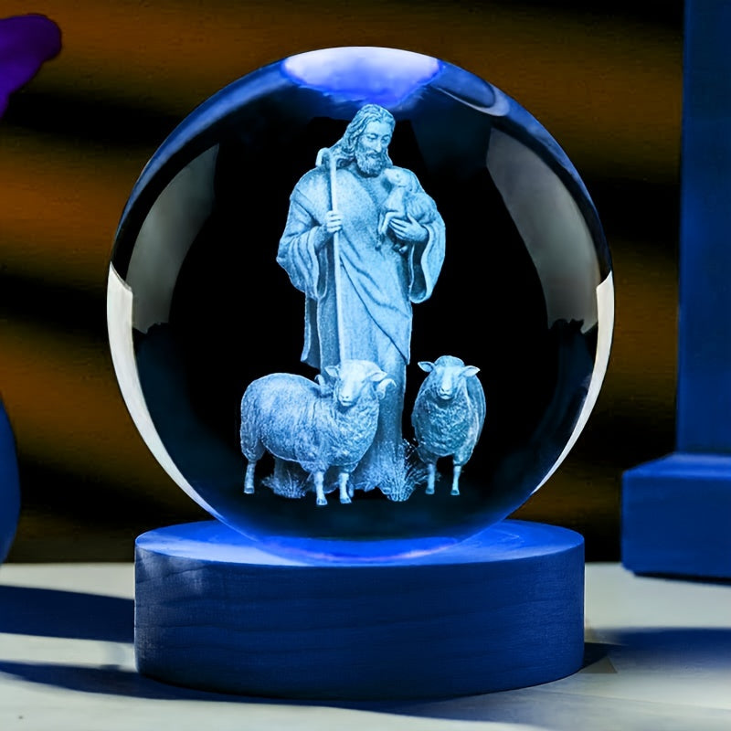 Lámpara de cristal grabada en 3D con Jesús El Buen Pastor, luz nocturna religiosa, recuerdo de iglesia