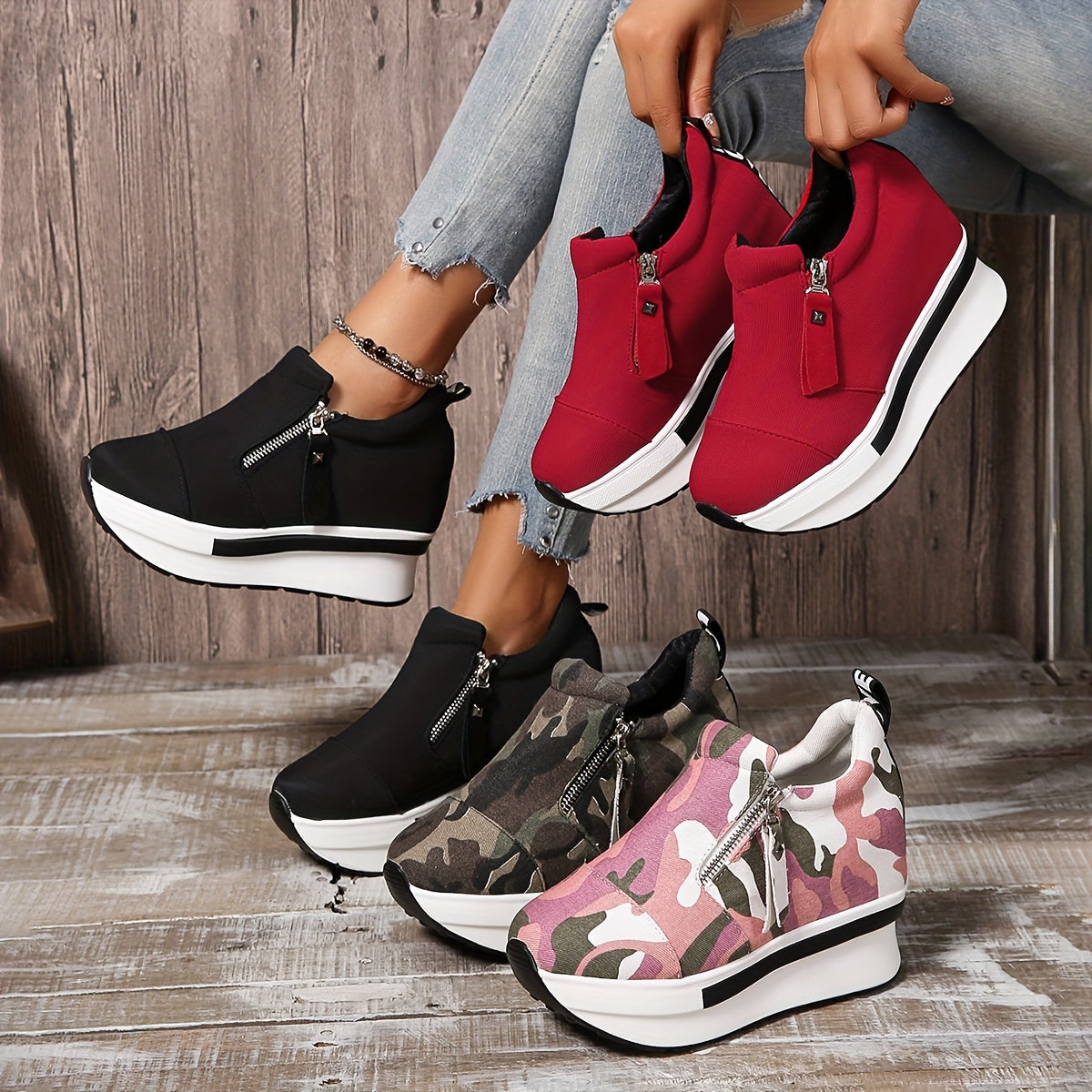 Women's Casual High-Top Sneakers, Lightweight Breathable Zipper Closure