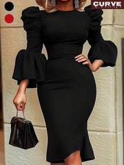 Women Plus Size Solid Color Bubble Sleeve Maxi Dress Casual Long Sleeve