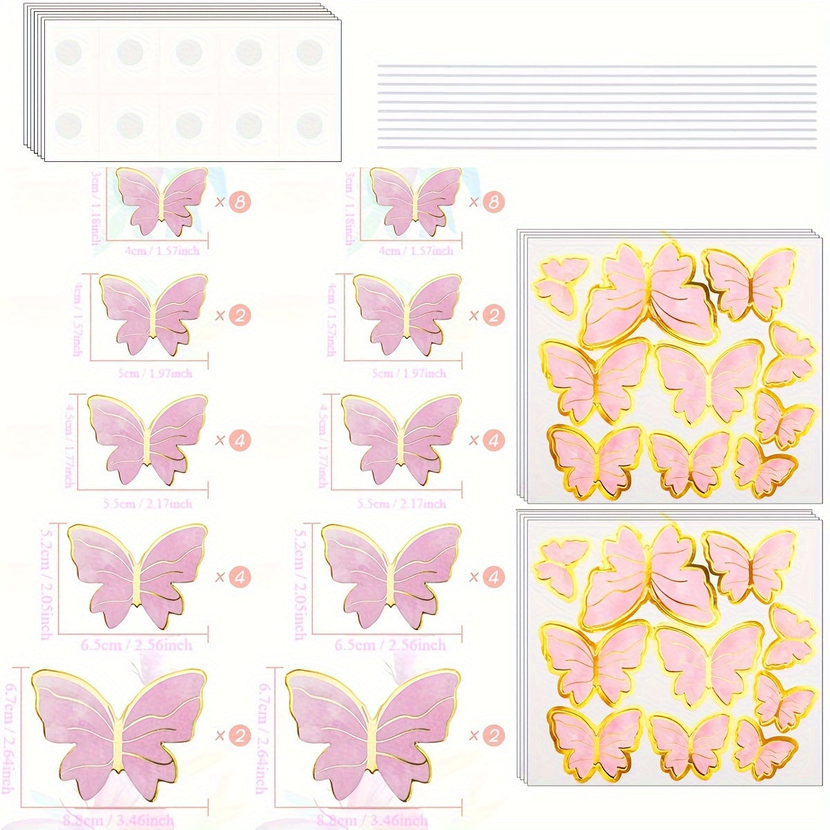 40 Pieces Butterfly Cake Decorations 3D Cupcake Wall Pink Purple for Birthdays and Parties