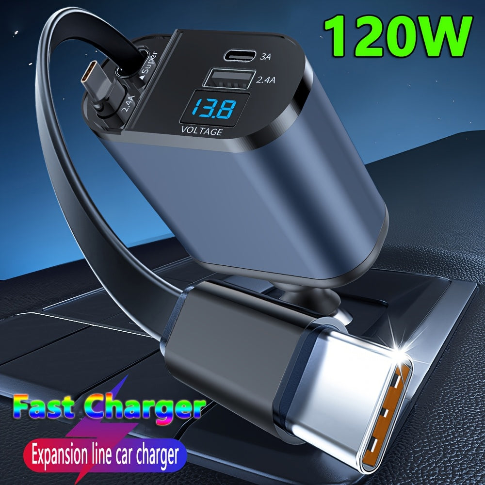 120W Fast Retractable Car Charger with 2 USB Type-C Cables Universal Plug Compact and Portable