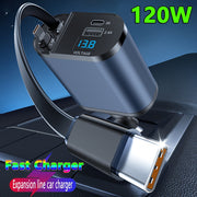 120W Fast Retractable Car Charger with 2 USB Type-C Cables Universal Plug Compact and Portable