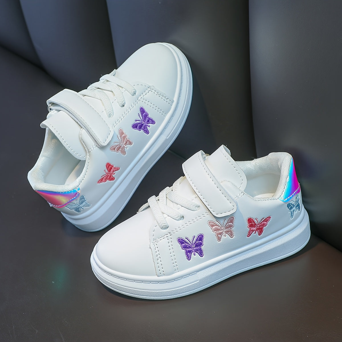 Girls White Sneakers with Strap Embroidered Butterfly Low Top Rubber Sole