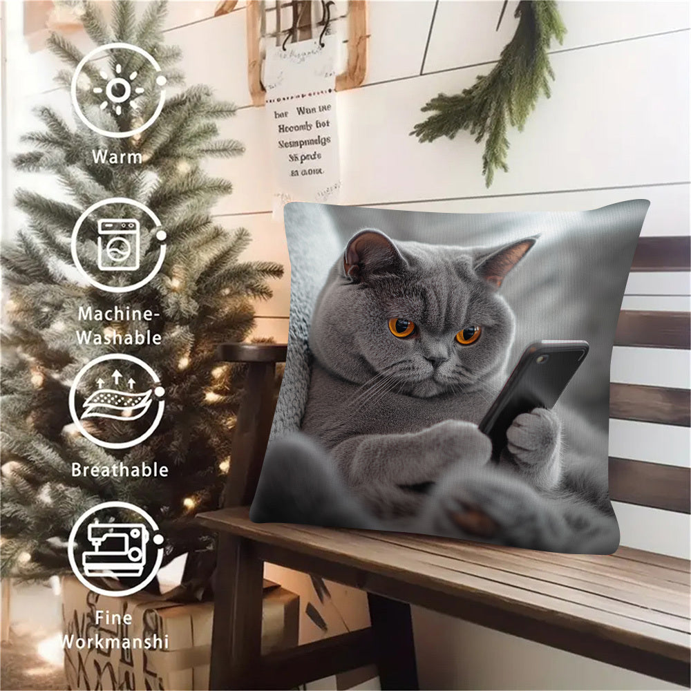 Cat Phone Pillow Cover Double-Sided Woven Polyester Fade-Resistant Decorative Pillowcase 45.72cm