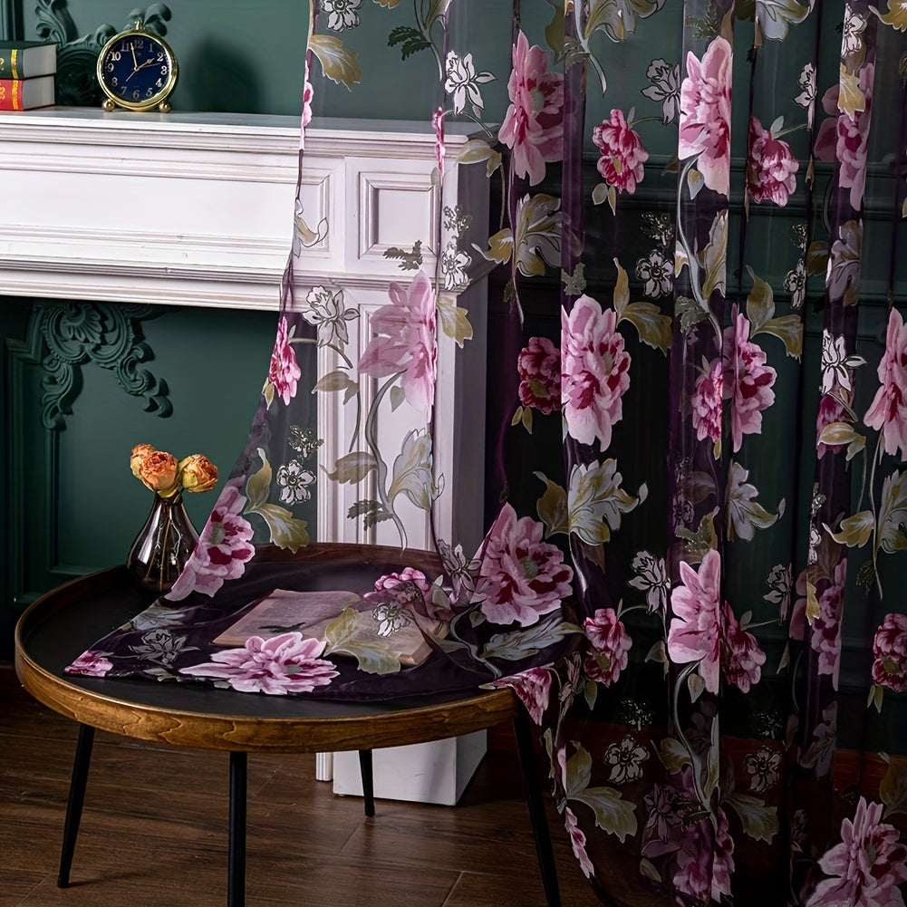 Small Translucent Curtain with Purple Flower Print for Living Room Bedroom Kitchen Bathroom