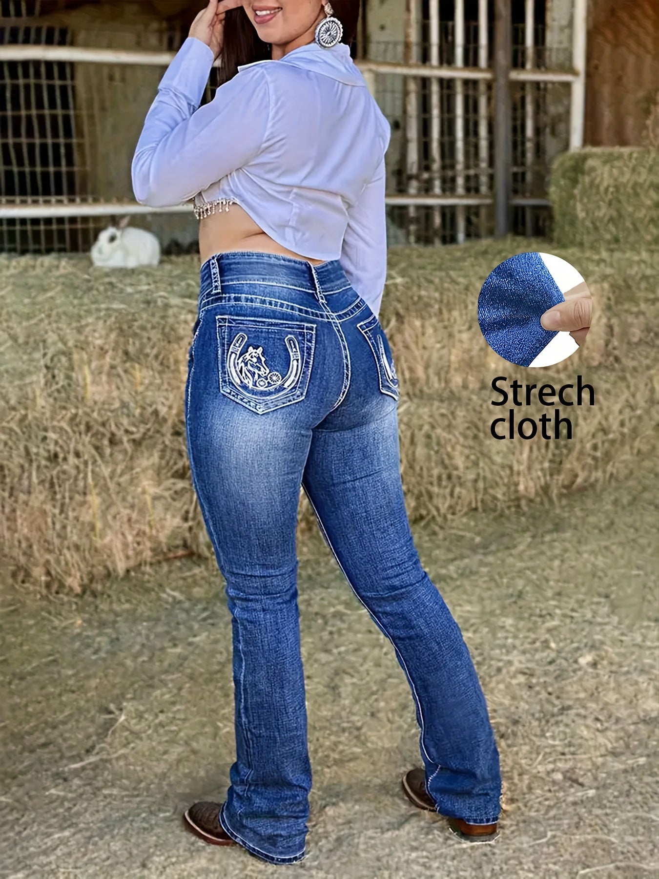 Plus-Size Blue Wash Faded Whisker Blue Jeans with Embroidery