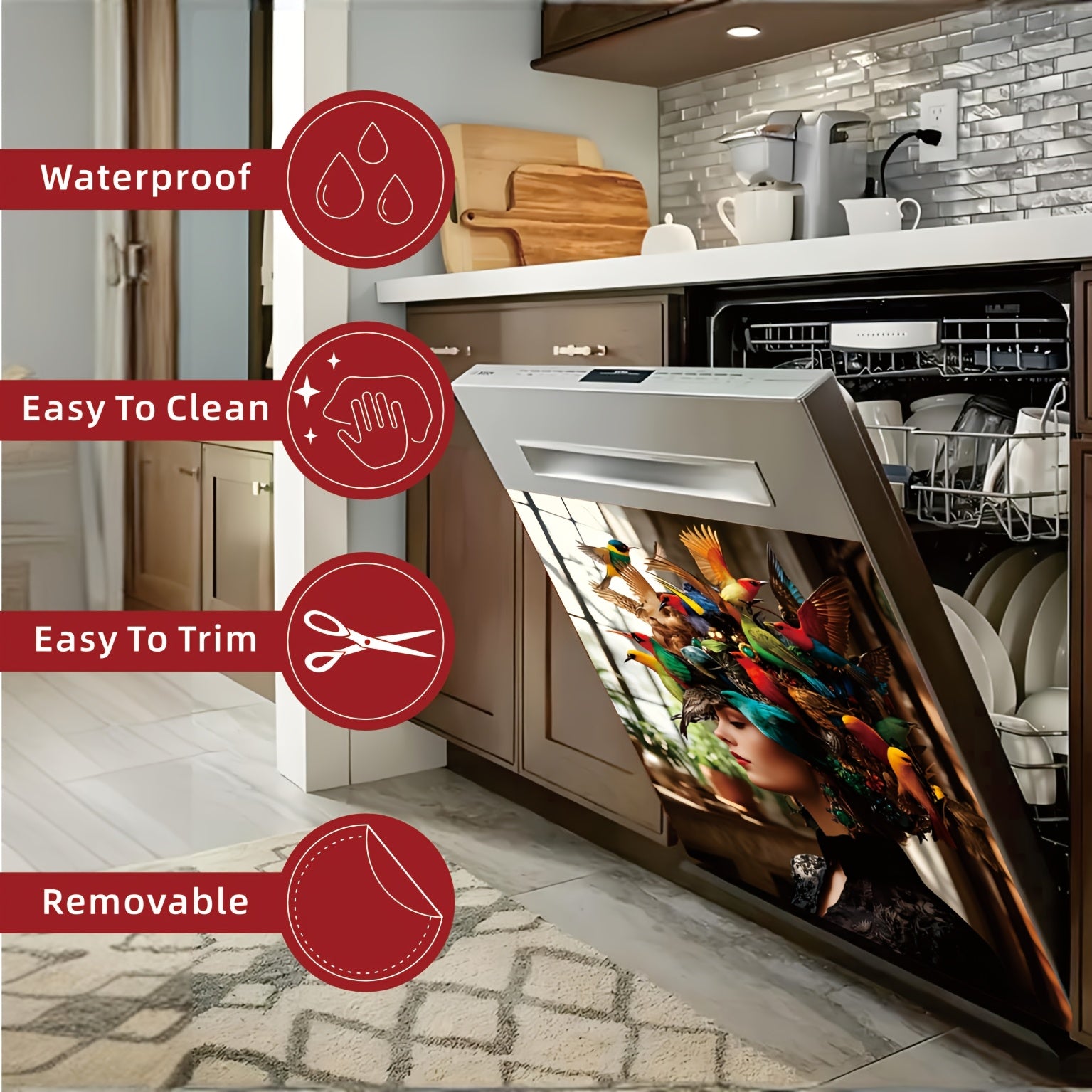 Floral Bird Crown Dishwasher Door Decal PVC No Battery Needed Home Decor Gift