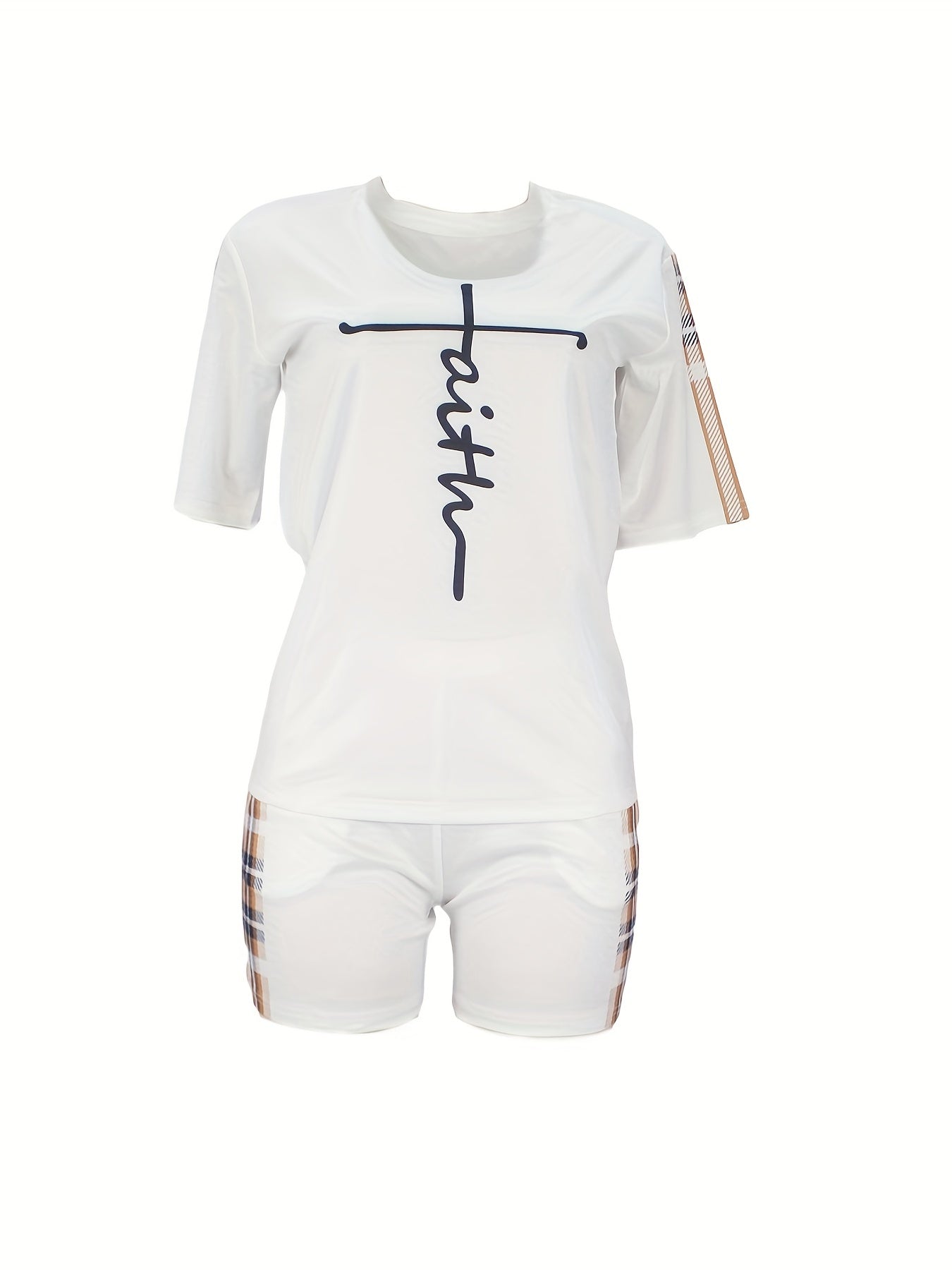 Conjunto de ropa deportiva de estampado de cuadros para mujer con camiseta de manga corta con estampado de fe y pantalones cortos de entrenamiento