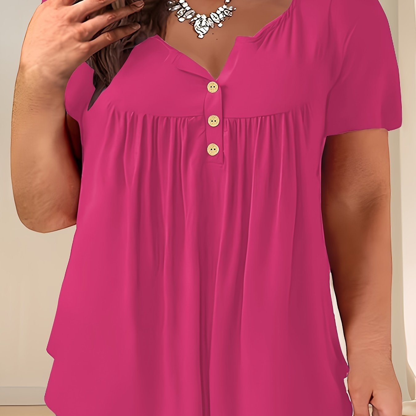 Plus Size Women's Navy Blue Casual Pleated T-Shirt with Crew Neck and Slight Stretch