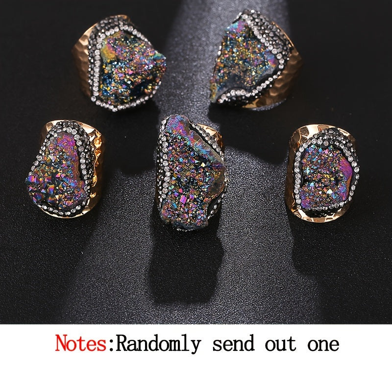 Women’s Irregular Natural Crystal Cluster Cuff Ring Alloy 18K Gold Plated Raw Stone Jewelry