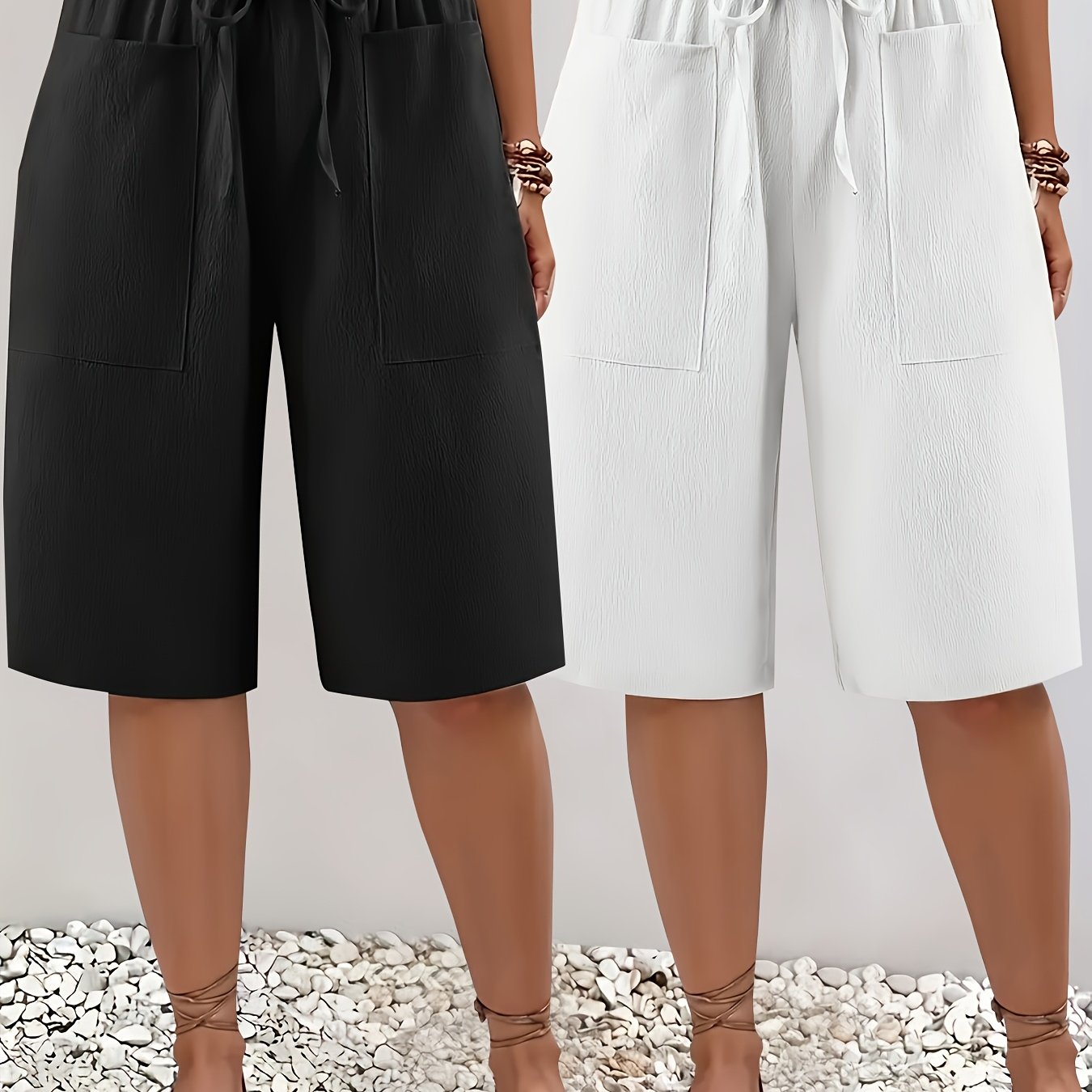 Комплект из двух предметов: укороченные брюки с карманами и шнуровкой из хлопка для женщин plus size