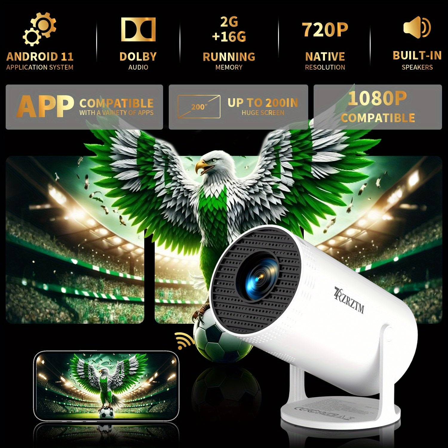 Mini WiFi6 Smart Projector with 1080p, Keystone Focus, Tabletop Mount