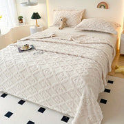 Fleece Bed Blanket White Geometric Embroidered All-Season Polyester 3D Embroidery